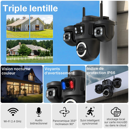 Caméra de surveillance WiFi extérieure PTZ à 3 objectifs