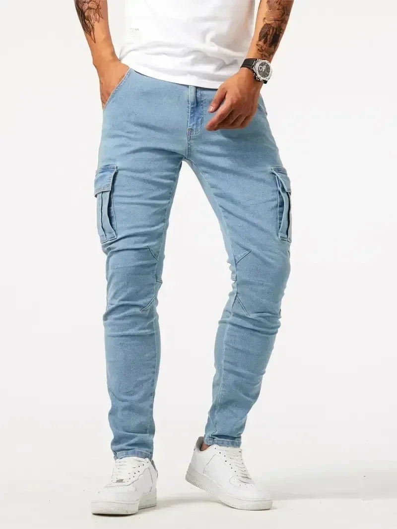 Jean Cargo Slim Stretch Homme – Multi-Poches, Taille Mi-Haute, Style Streetwear