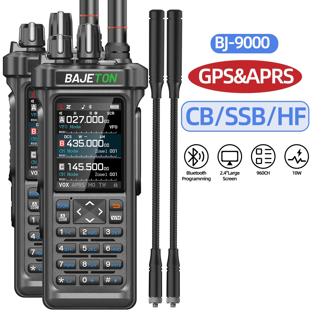 BAJETON BJ-9000 – talkie-walkie APRS GPS 10W, VHF/UHF & CB 27 MHz, récepteur AM/FM/SSB, programmation Bluetooth, USB‑C, triple veille - BLACKBEARD OUTDOOR INDUSTRIES