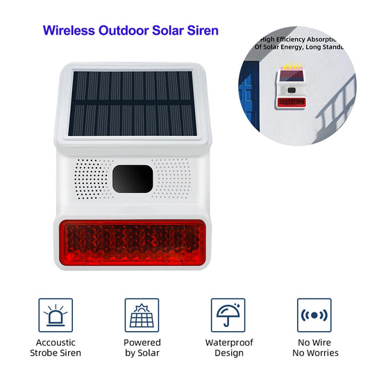 Sirène d’alarme solaire extérieure sans fil 433 MHz
