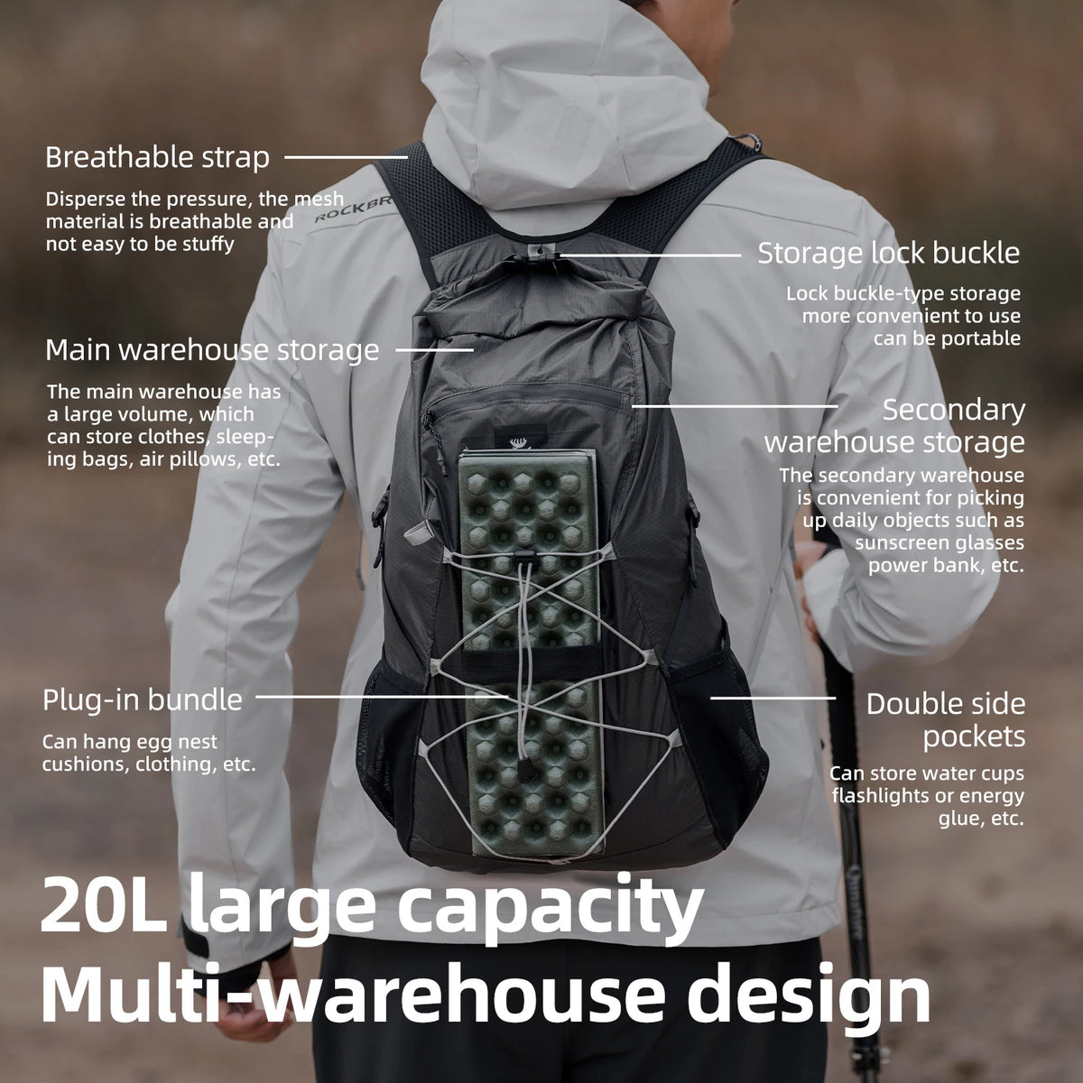Sac à dos pliable léger déperlant en nylon, randonnée et voyage
