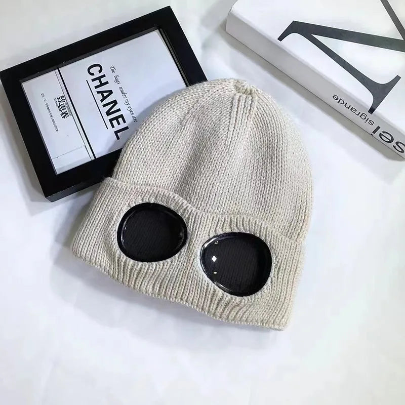 Bonnet avec lunettes unisexe, maille chaude pour l'hiver