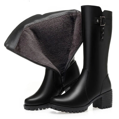Bottes montantes femme en cuir véritable à talon carré