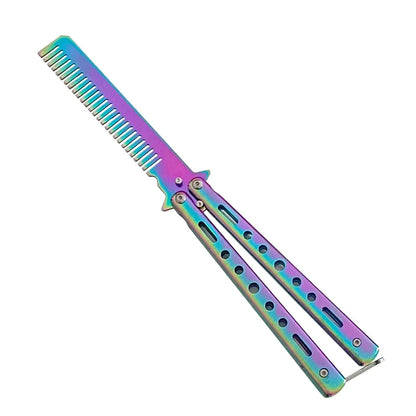 Peigne Couteau Papillon Acier Inox – Style Balisong, Coiffure & Barbe, 22 cm