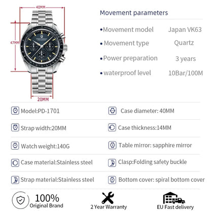 Montre Chronographe Pagani Design PD1701 Moon Watch 2026 — Japon, Saphir, 10 ATM + Boîte