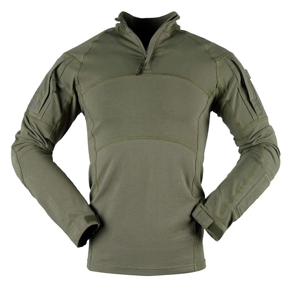 T-Shirt Tactique Manches Longues Camouflage – Coton, Col Montant | Airsoft, Paintball, Chasse, Militaire