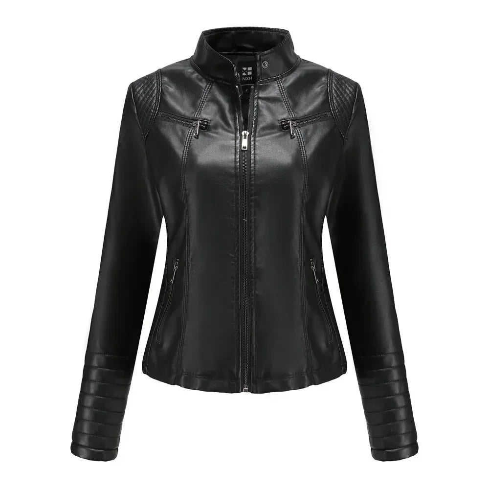 Veste Simili Cuir Moto Femme – 6 Coloris, Col Montant Zip, Printemps Automne