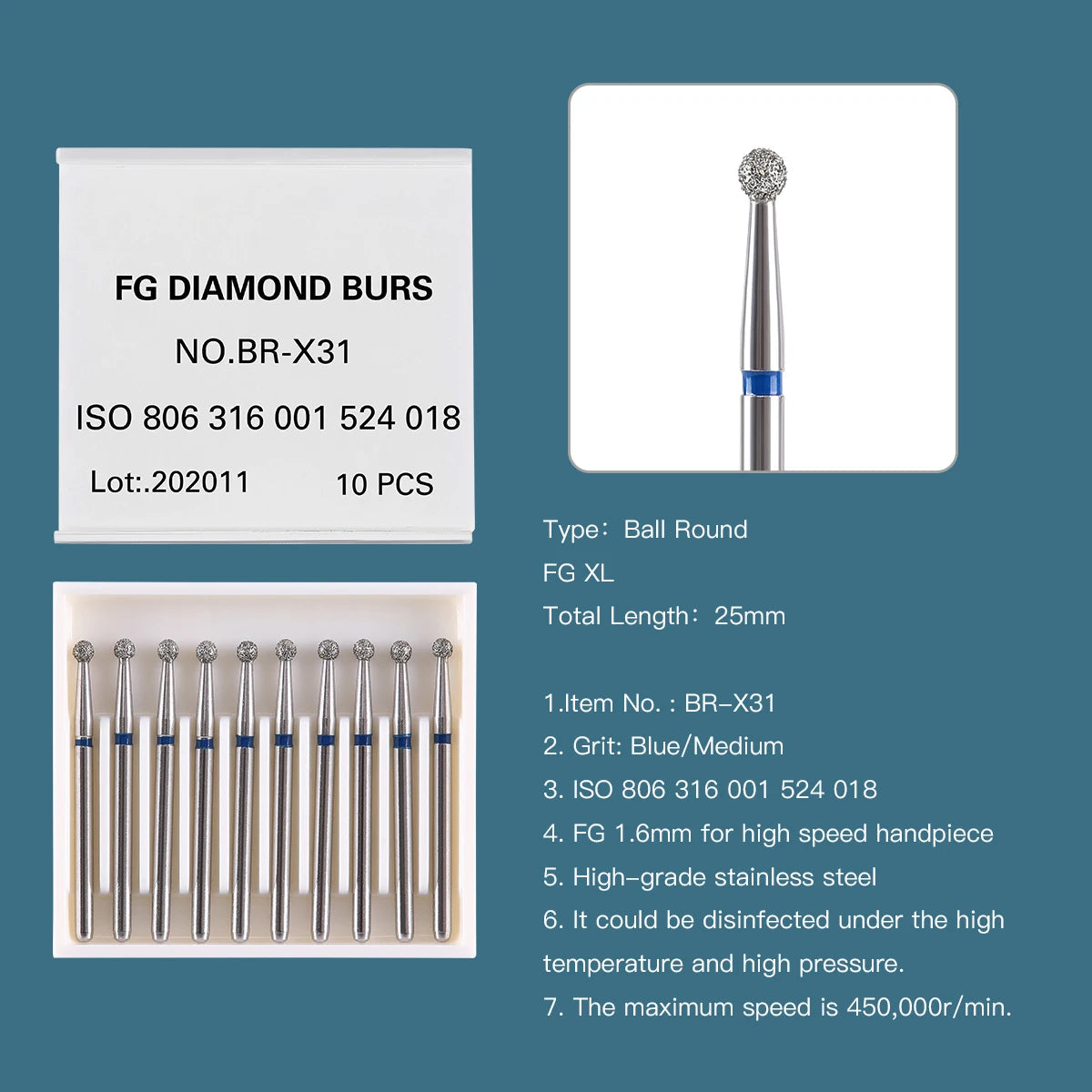 AZDENT 10 pcs Fraises Diamantées Dentaires – Type Boule FG 1,6 mm, 25 mm pour Turbine Haute Vitesse Ma boutique