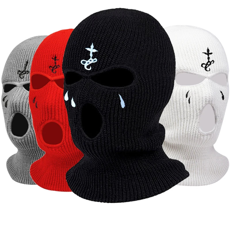Cagoule à motifs brodés, masque chaud 3 trous pour l’hiver