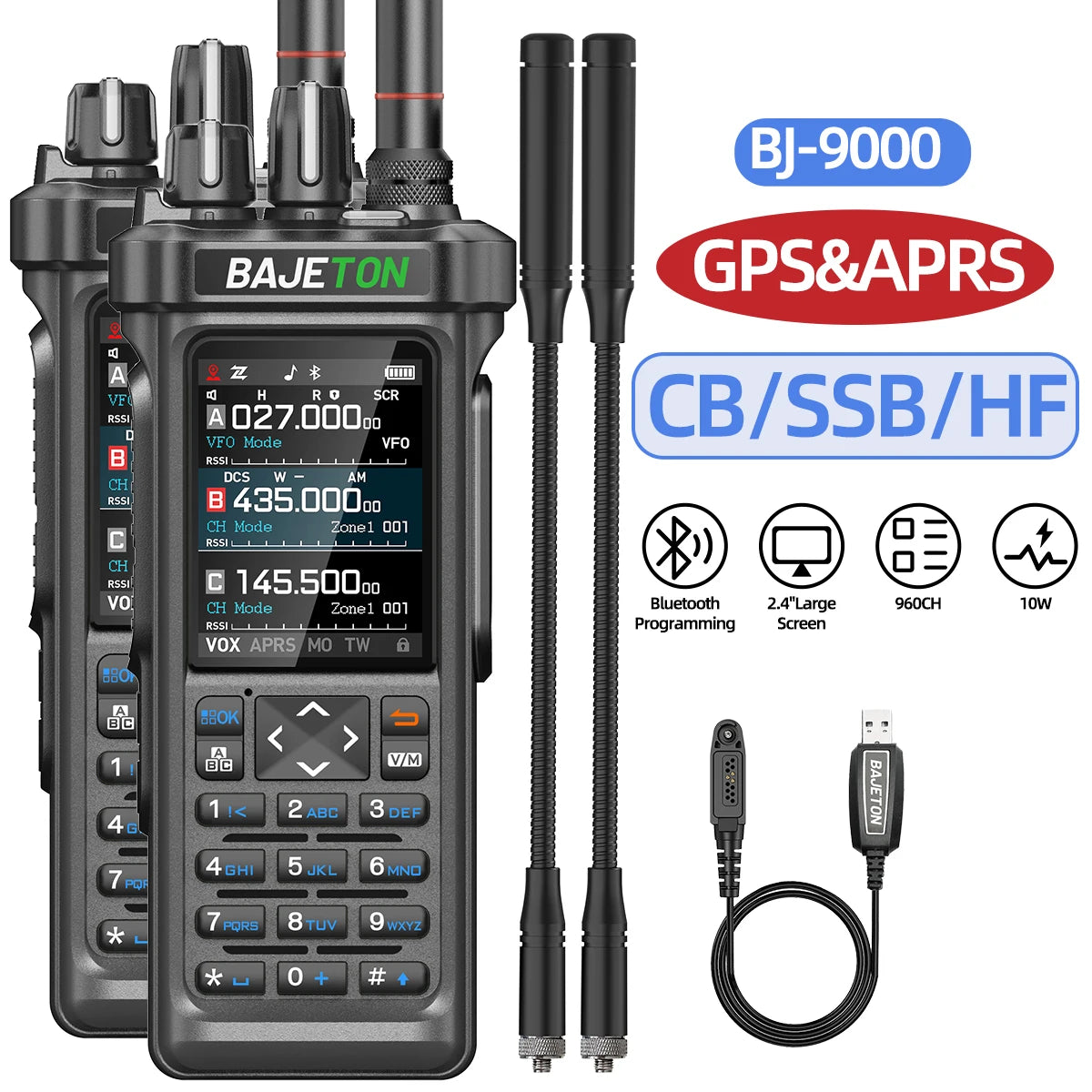BAJETON BJ-9000 – talkie-walkie APRS GPS 10W, VHF/UHF & CB 27 MHz, récepteur AM/FM/SSB, programmation Bluetooth, USB‑C, triple veille - BLACKBEARD OUTDOOR INDUSTRIES