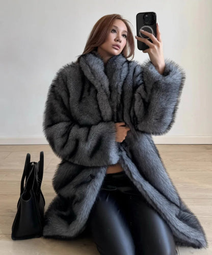 Manteau long en fausse fourrure femme, style renard