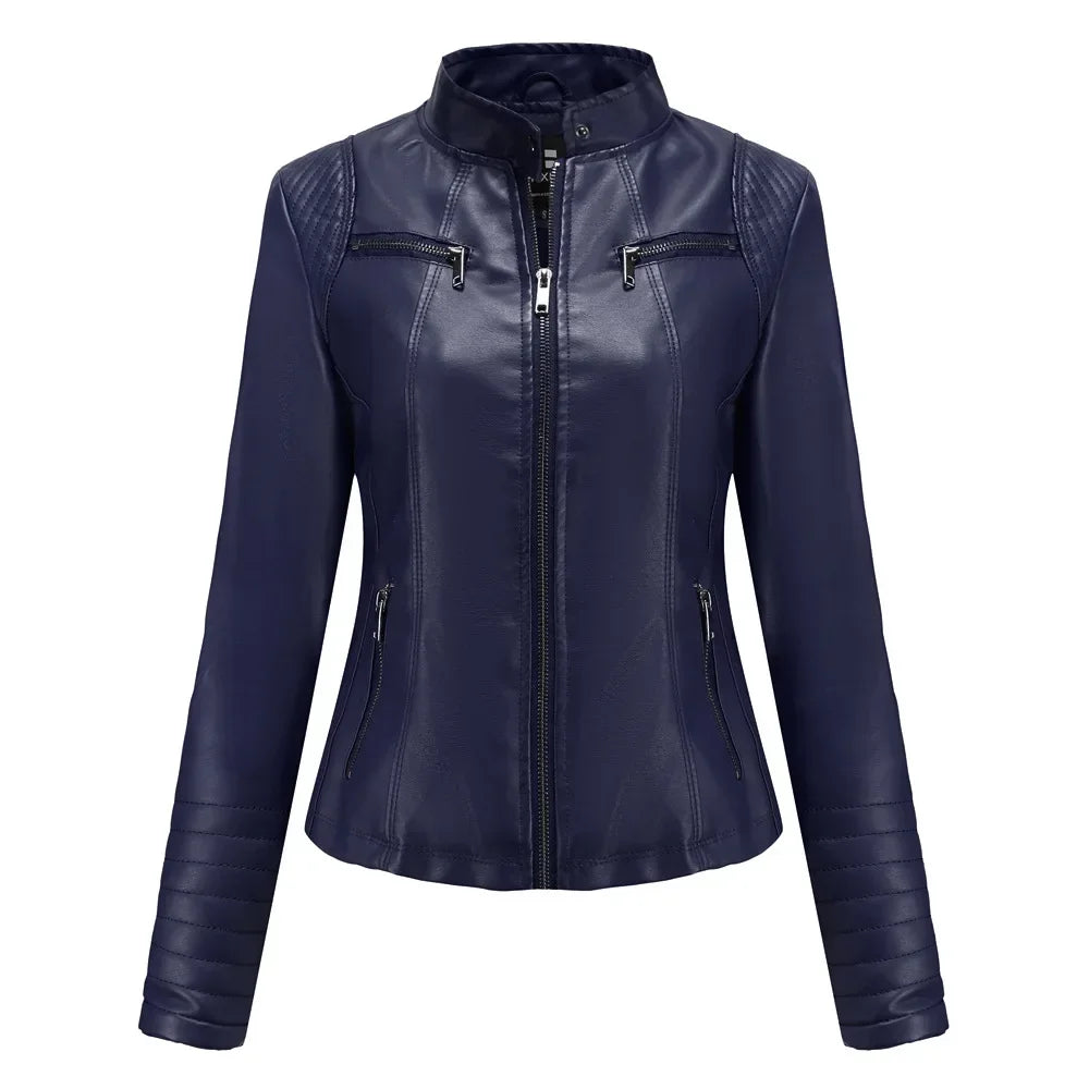 Veste Simili Cuir Moto Femme – 6 Coloris, Col Montant Zip, Printemps Automne