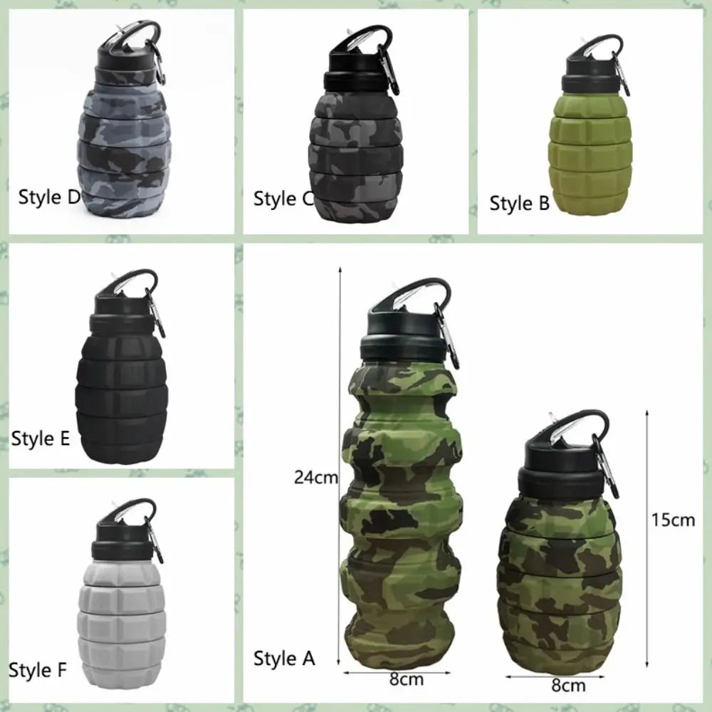 Gourde Silicone Pliable 580ml — Design Grenade Camouflage | Tactique & Outdoor | Rétractable | Sans BPA | 6 Styles Camouflage