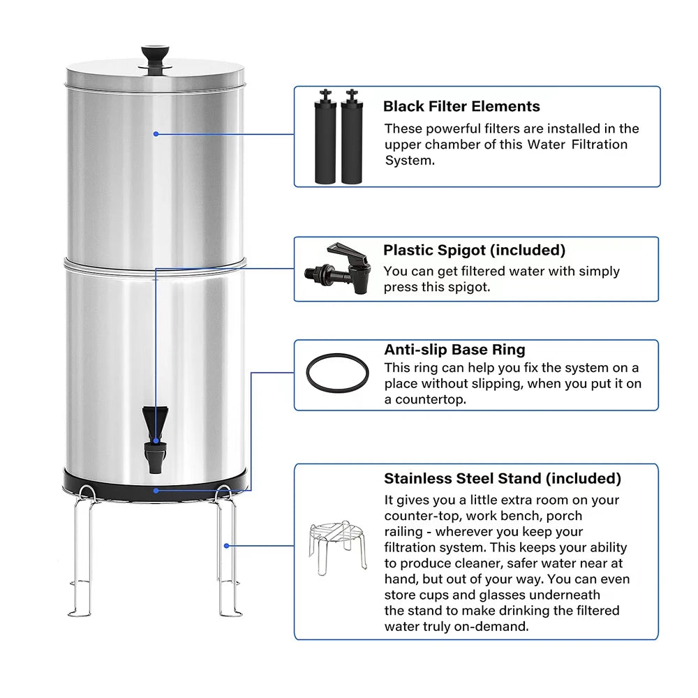 Filtre à Eau par Gravité BB9-2 – 9L, Inox, 0,01 Micron, Camping & Urgence