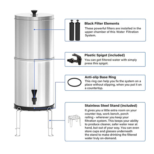 Filtre à Eau par Gravité BB9-2 – 9L, Inox, 0,01 Micron, Camping & Urgence