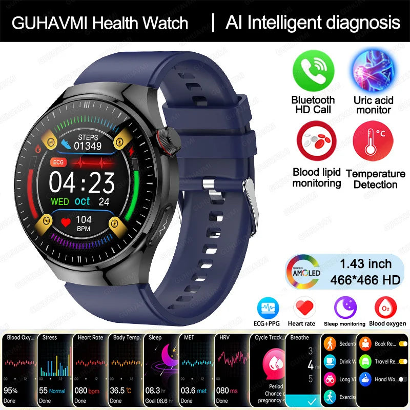 Montre Connectée Médicale GUHUAVMI TK26 – ECG+PPG – Uric Acid, Température, Lipides, Appels Bluetooth – Écran AMOLED 1.43” – Étanche IP68 - BLACKBEARD OUTDOOR INDUSTRIES