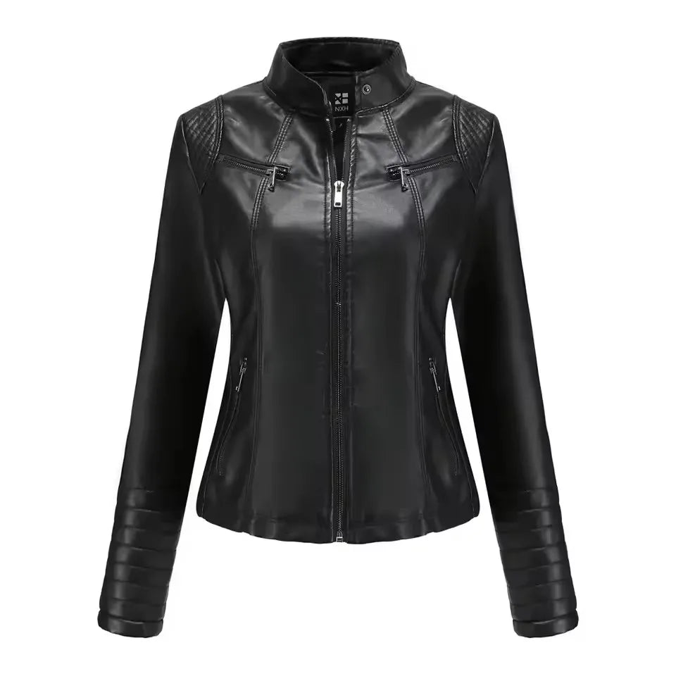 Veste Simili Cuir Moto Femme – 6 Coloris, Col Montant Zip, Printemps Automne