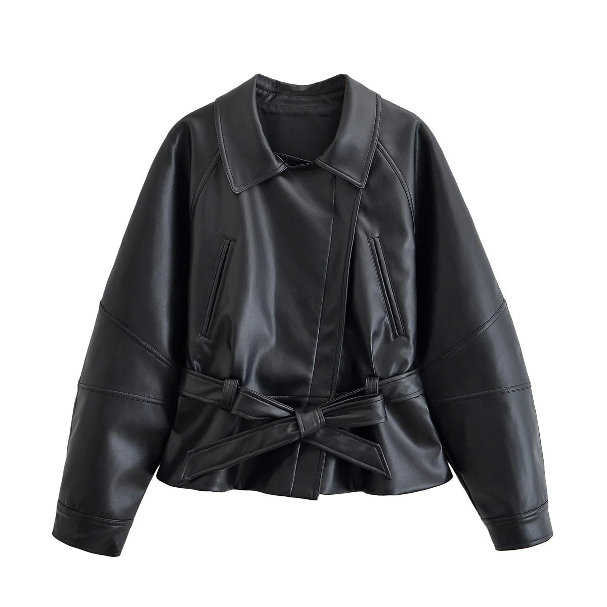 Veste en cuir femme courte avec ceinture, simili cuir