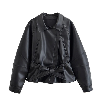 Veste en cuir femme courte avec ceinture, simili cuir