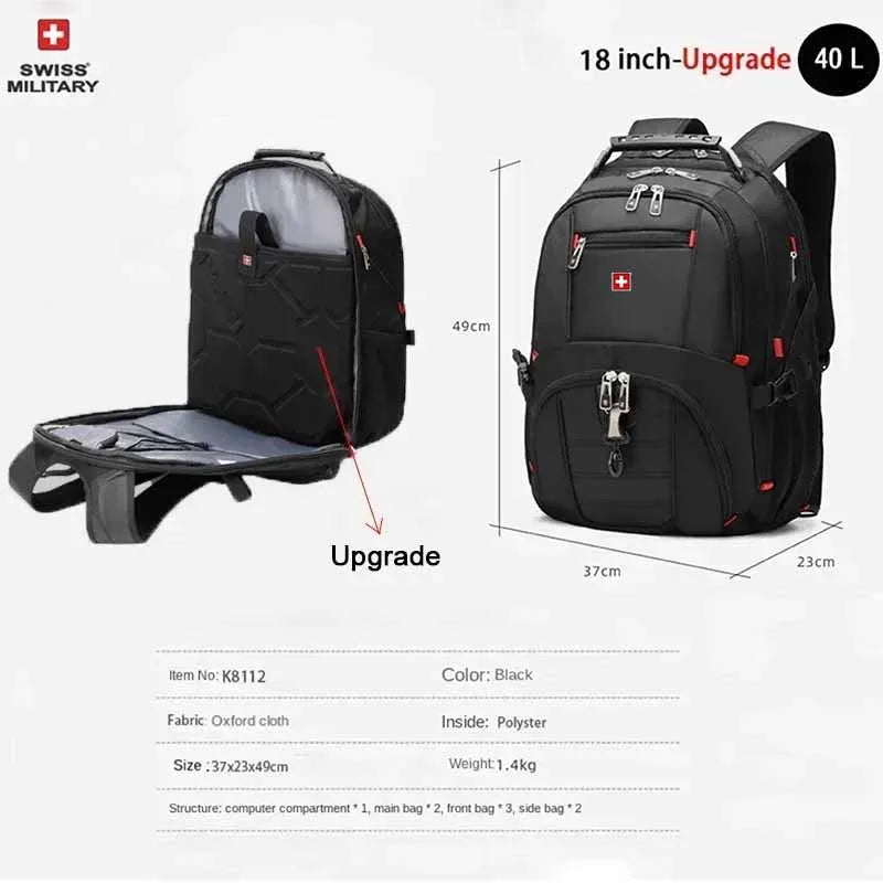 Sac à Dos SWISS 17" pour Ordinateur Portable - Imperméable, avec Port de Charge USB, Multifonction, Style Swiss - Sac de Voyage, de Randonnée et Scolaire - BLACKBEARD OUTDOOR INDUSTRIES