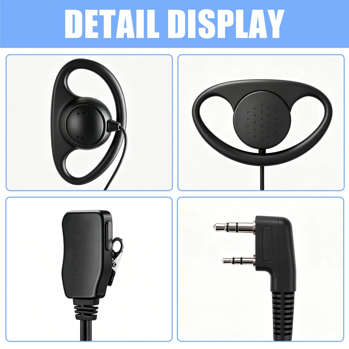 Oreillette PTT 2 Broches en D avec Micro – Compatible Kenwood, Baofeng, TYT, Puxing, Quansheng