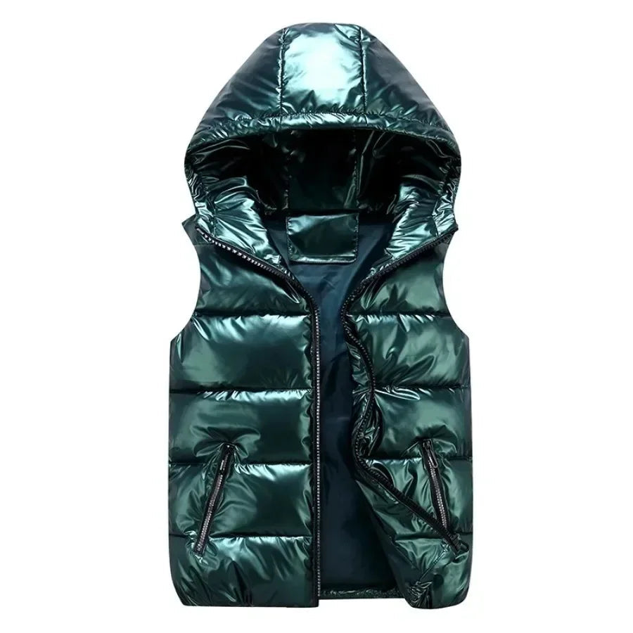 Gilet sans manches matelassé brillant à capuche