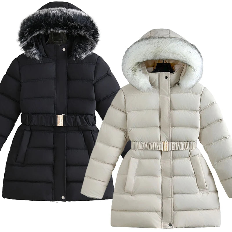 Manteau d'hiver femme matelassé à capuche et ceinture