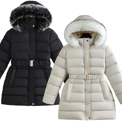 Manteau d'hiver femme matelassé à capuche et ceinture