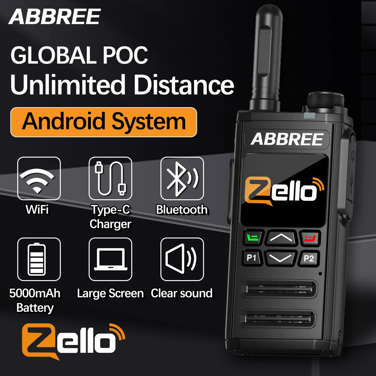 Talkie-Walkie Réseau ABBREE GP-268 – 4G SIM, Zello, Portée Mondiale, Batterie 5000 mAh