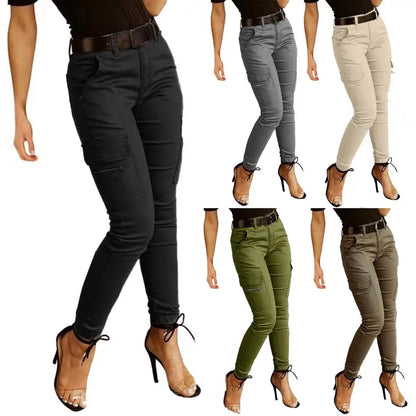 Pantalon Cargo Femme Multi-Poches Coton – Taille Mi-Haute, Coupe Slim, 5 Coloris