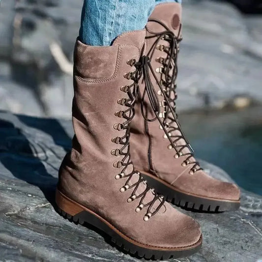 Bottes Femme Mi-Mollet Plateforme Zip – Talon Carré Bout Rond Style Moto Hiver