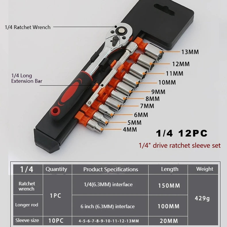 Jeu de 12 Douilles à Cliquet 1/4" – Acier Cr-V Haute Résistance - BLACKBEARD OUTDOOR INDUSTRIES