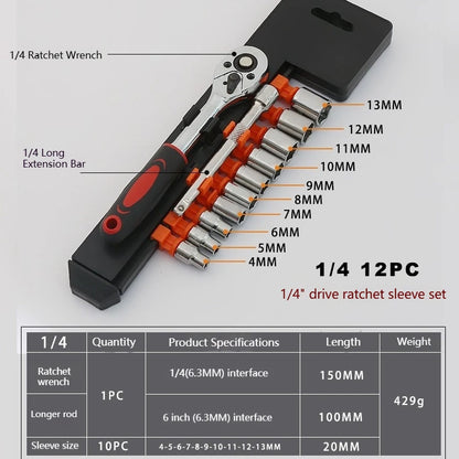 Jeu de 12 Douilles à Cliquet 1/4" – Acier Cr-V Haute Résistance - BLACKBEARD OUTDOOR INDUSTRIES
