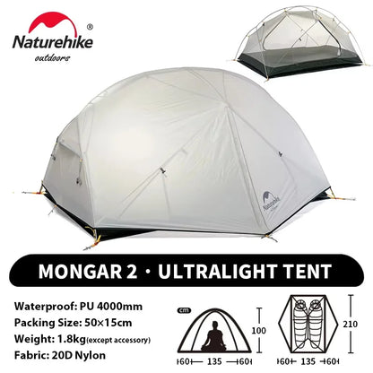 Tente Ultra-Légère Naturehike Mongar UL 2 Personnes – 3 Saisons, 15D/20D, Imperméable 3000mm