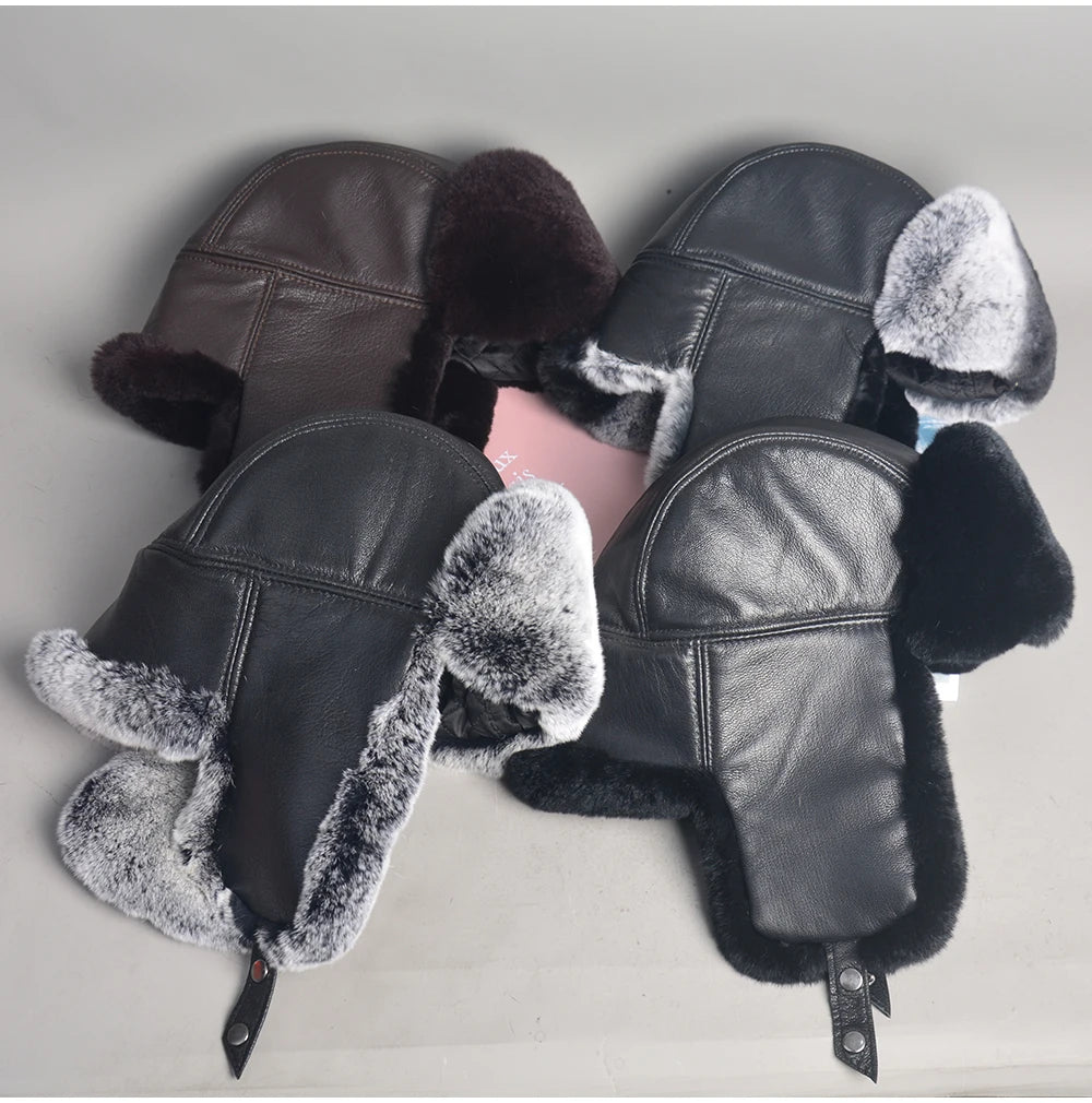 Chapka Bombardier Mixte en Véritable Fourrure de Lapin Rex et Cuir de Mouton – Modèle Ushanka Hiver - BLACKBEARD OUTDOOR INDUSTRIES