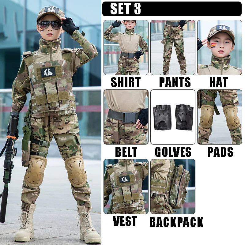 Ensemble Uniforme Militaire Tactique G3 Camouflage Enfant – Costume Soldat Garçon Fille