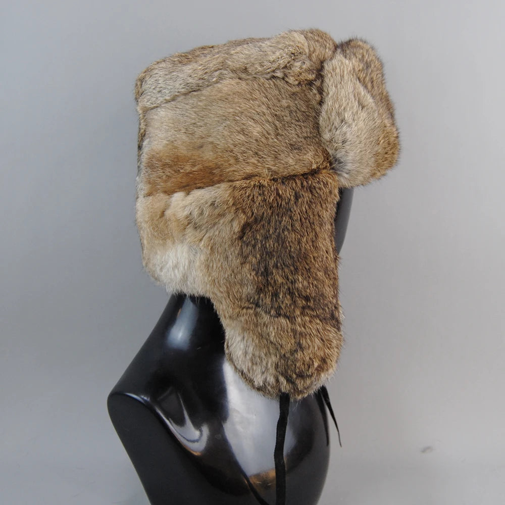 Chapka Trappeur en Vraie Fourrure de Lapin - Oreillettes, Ski et Hiver