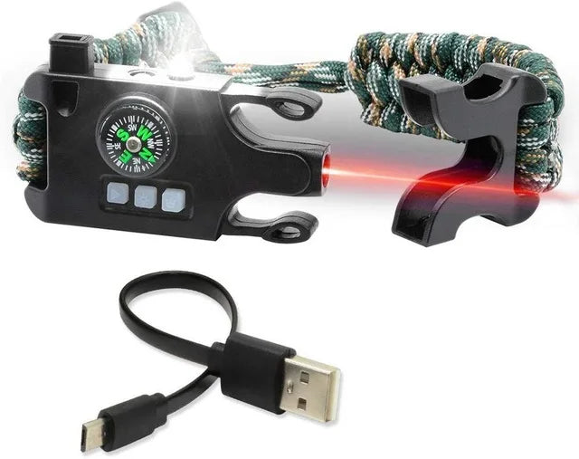 Bracelet de Survie Tactique 8-en-1 Paracorde 550 – SOS LED Laser UV Boussole