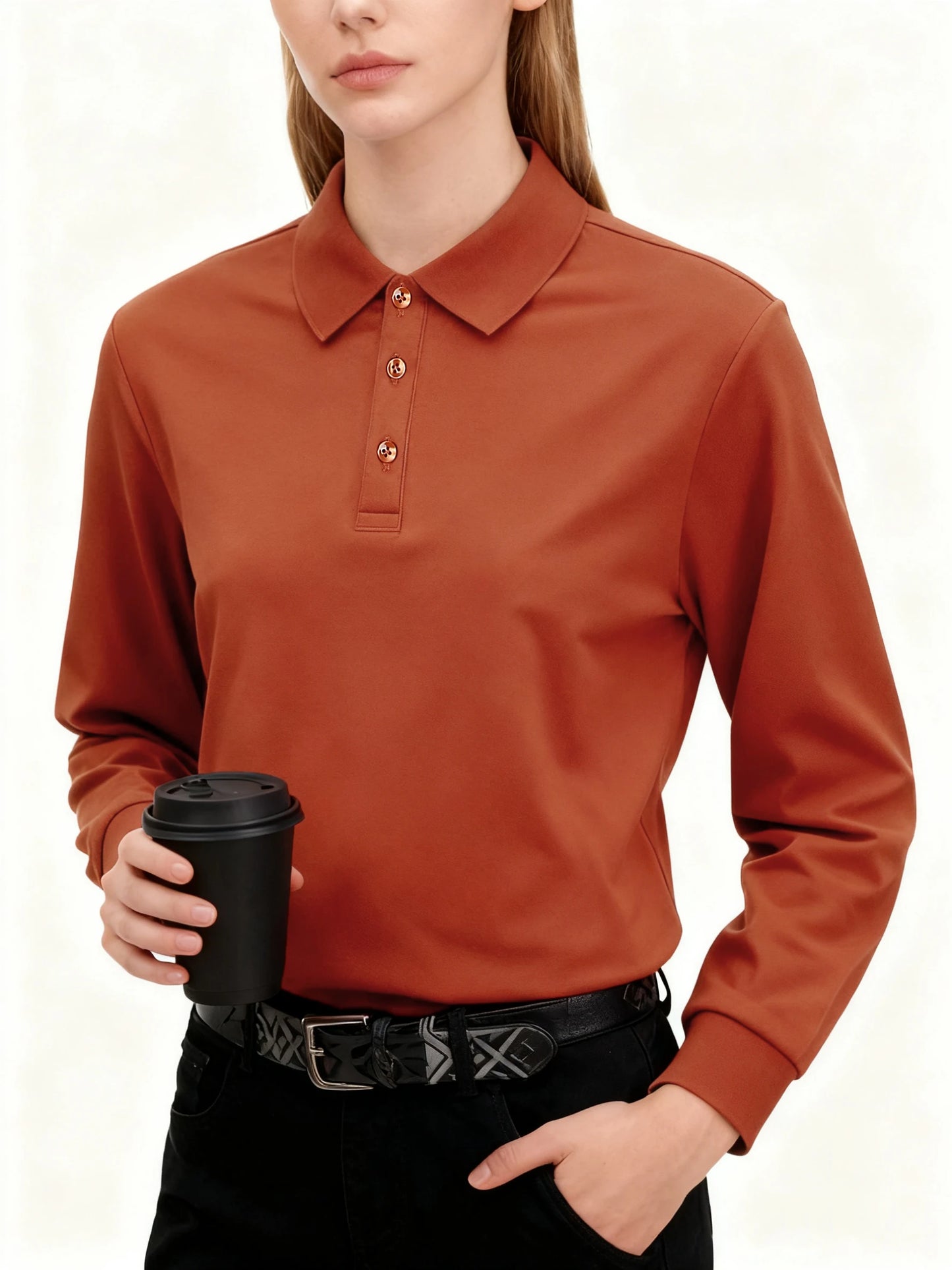 Polo Femme Manches Longues Slim – Col Chemise Respirant, Style Sportif S à XXL