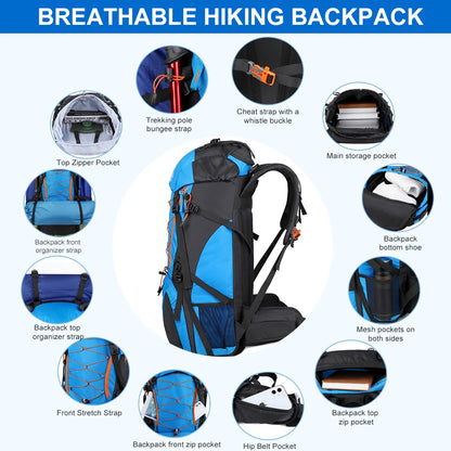 Sac à Dos Randonnée WESTTUNE 65L Imperméable – Nylon, Grande Capacité | Trekking, Camping, Voyage | 4 Coloris