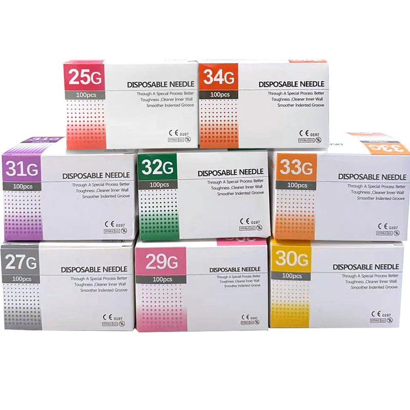 Aiguilles Ultra-fines Indolores 100 pcs – 25G à 34G, 1,5 à 25 mm – Seringue Transparente Embout Capuchon – Beauté & Médical