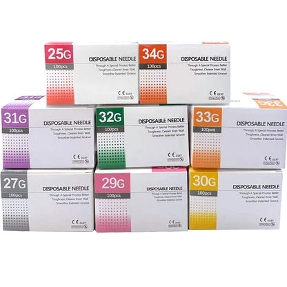 Aiguilles Ultra-fines Indolores 100 pcs – 25G à 34G, 1,5 à 25 mm – Seringue Transparente Embout Capuchon – Beauté & Médical