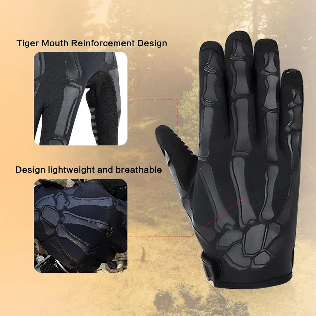 Gants Tactiques Squelette – Doigts Complets, Respirants & Compatibles Tactile – Moto, Airsoft