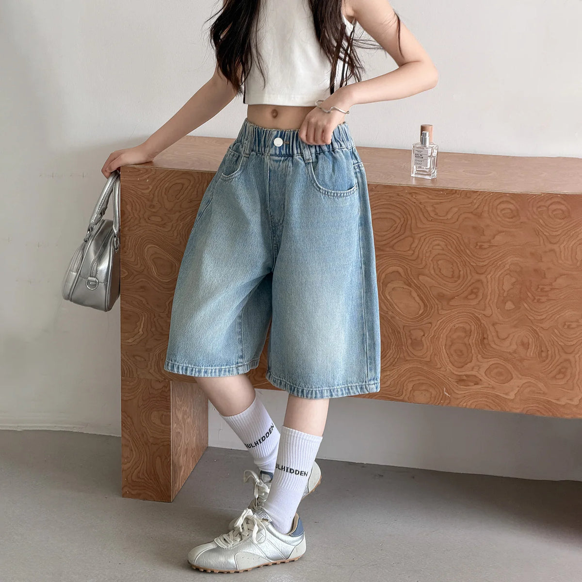 Short en Jean Fille – Style Tendance, Longueur Genou, 7-13 Ans