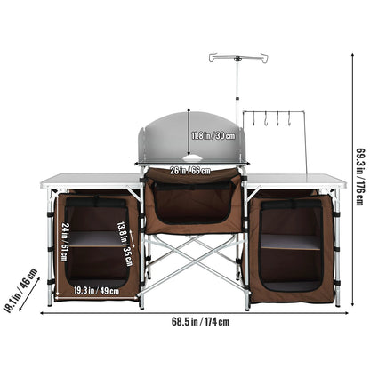 Table Cuisine Camping Pliante SucceBuy Aluminium – Plan de Travail MDF, Rangement, Pare-Vent | BBQ, Pique-Nique, Van | Gris, Marron, Noir