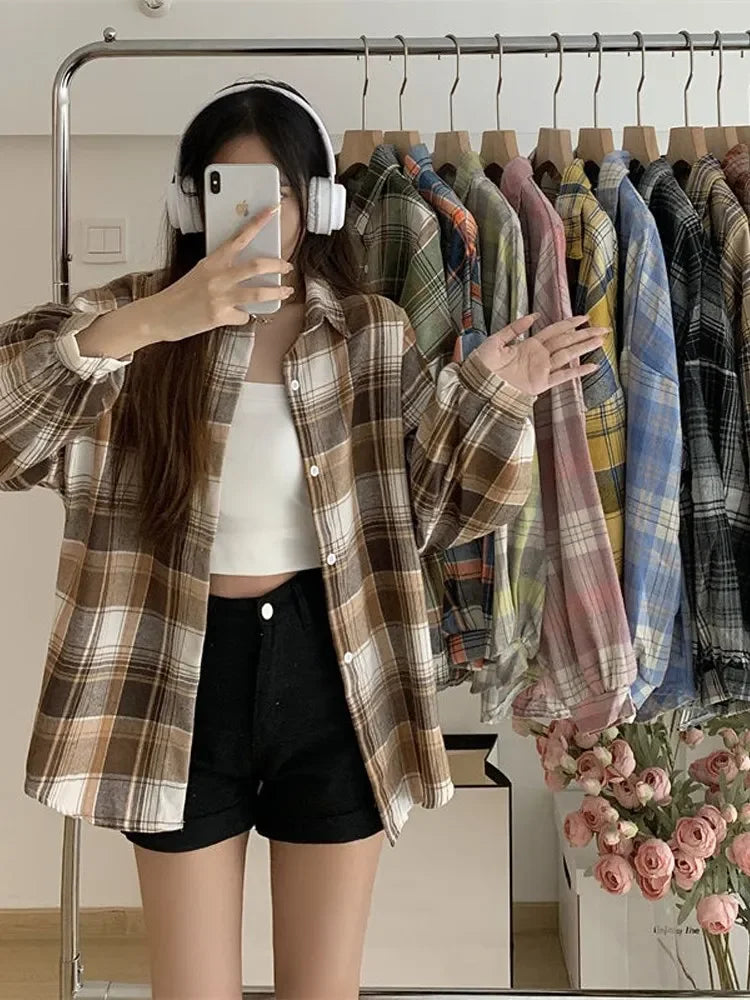 Chemise à Carreaux Femme Manches Longues – Coupe Loose Vintage Preppy Style