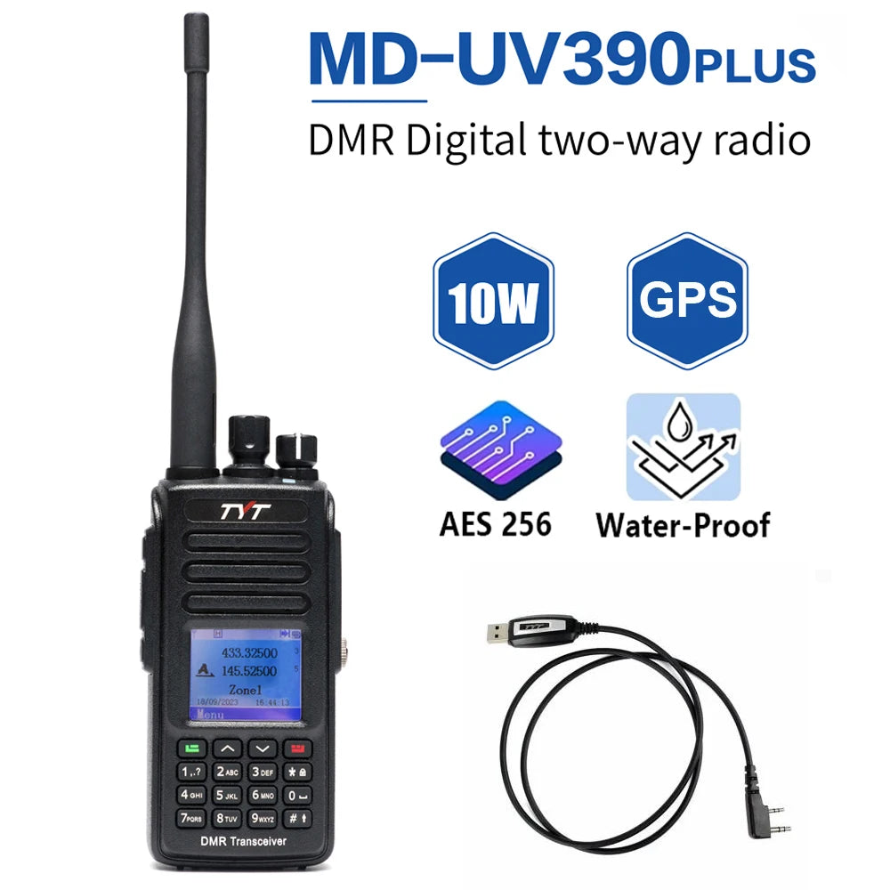 Talkie-Walkie DMR TYT MD-UV390Plus – 10W, GPS Intégré, IP67 Étanche, Chiffrement AES256, Double Bande VHF/UHF, 3000 Canaux