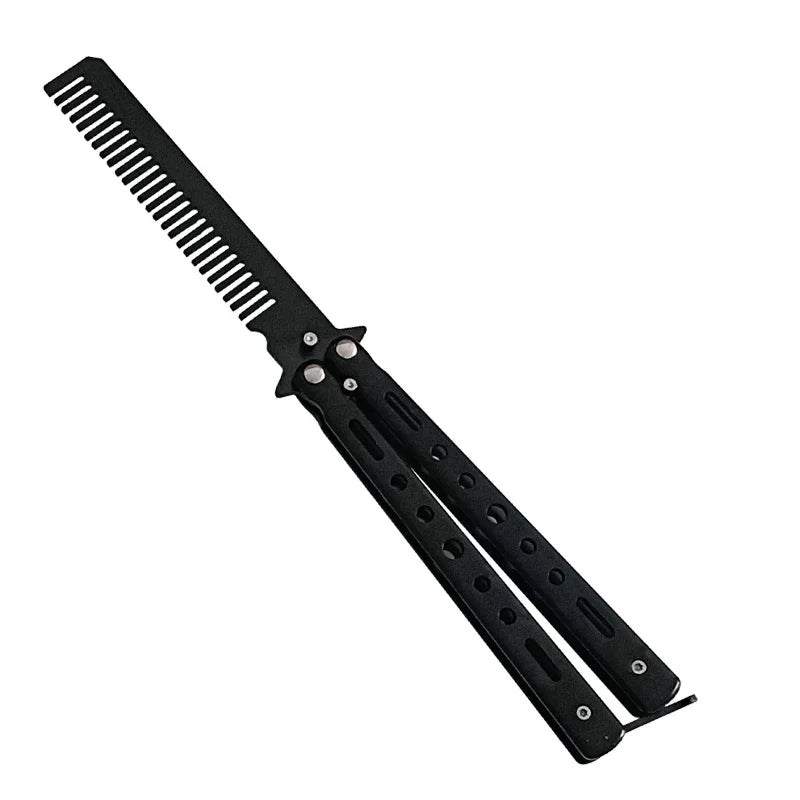 Peigne Couteau Papillon Acier Inox – Style Balisong, Coiffure & Barbe, 22 cm