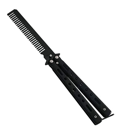 Peigne Couteau Papillon Acier Inox – Style Balisong, Coiffure & Barbe, 22 cm