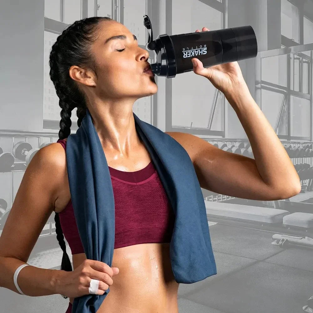 Shaker 3 Compartiments 600ml ABS — Mixage Sans Grumeaux | Sport & Musculation | Gourde Double Usage | Noir, Blanc, Rouge, Bleu